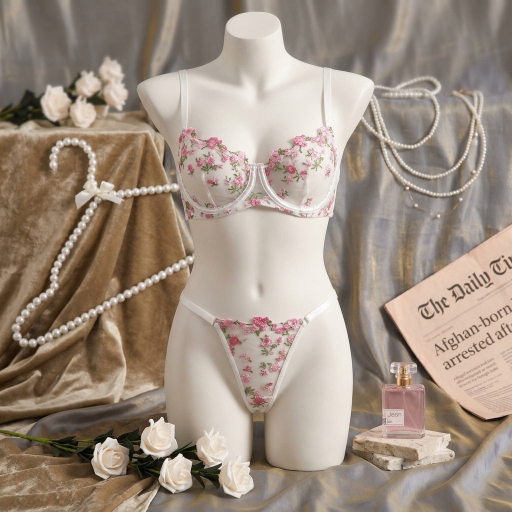 Floral Embroidered Lingerie Set – Soft Pink & White Sheer Mesh -9987