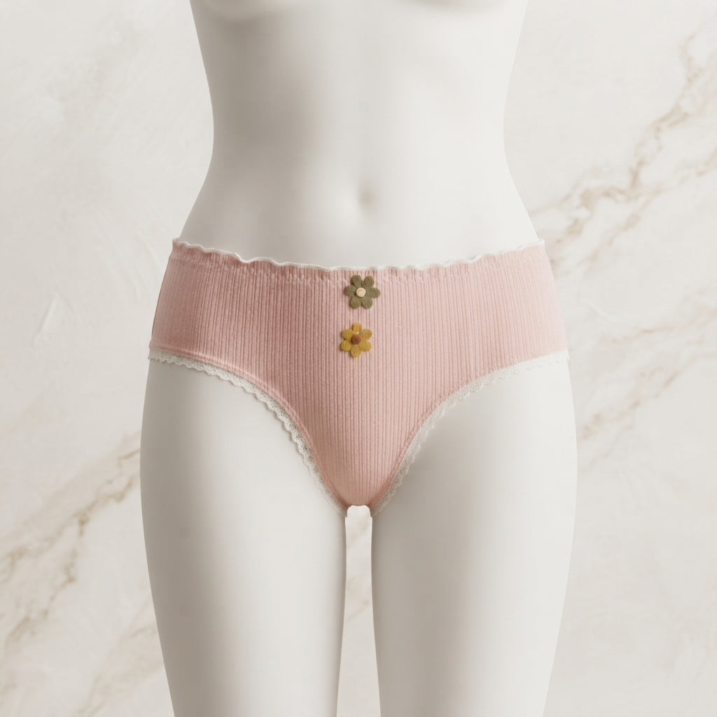 Pack of 3 Aesthetic Ribbed Cotton Panties with Floral Accents -6002