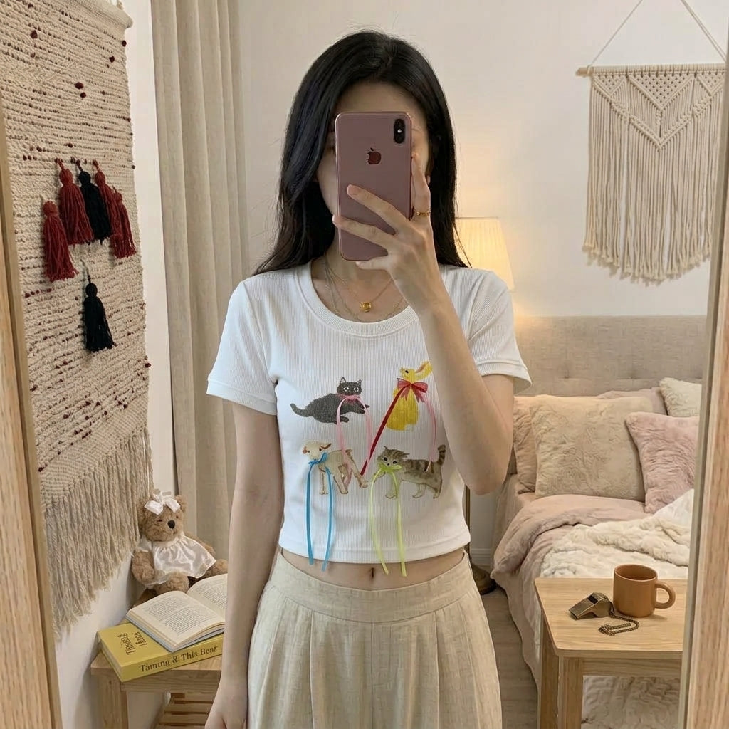 Women’s Cute Cat & Bird Graphic Short-Sleeve T-Shirt 5029
