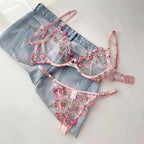 Non-Padded Floral Wired Bra & Panty Set – Blossom Charm Pink Embroidered Sheer Lingerie 9987