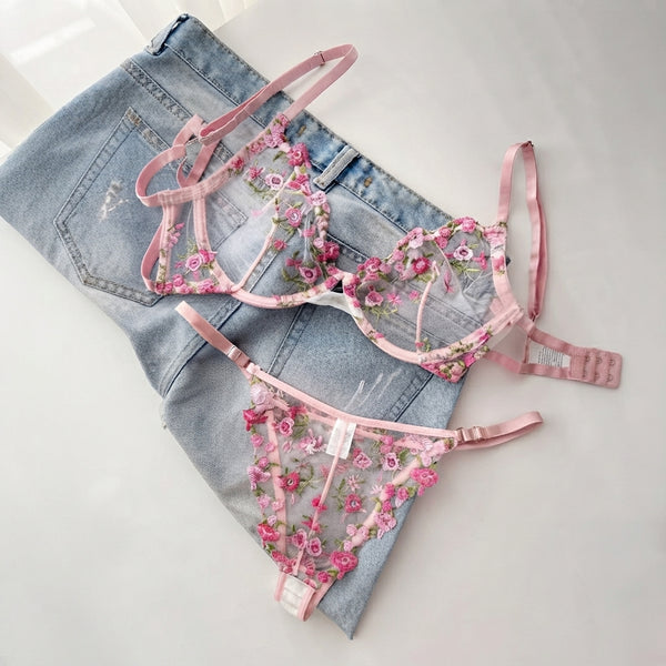 Non-Padded Floral Wired Bra & Panty Set – Blossom Charm Pink Embroidered Sheer Lingerie 9987