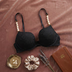 Luxury Pearl-Strap Lace Padded Bra Black -9091