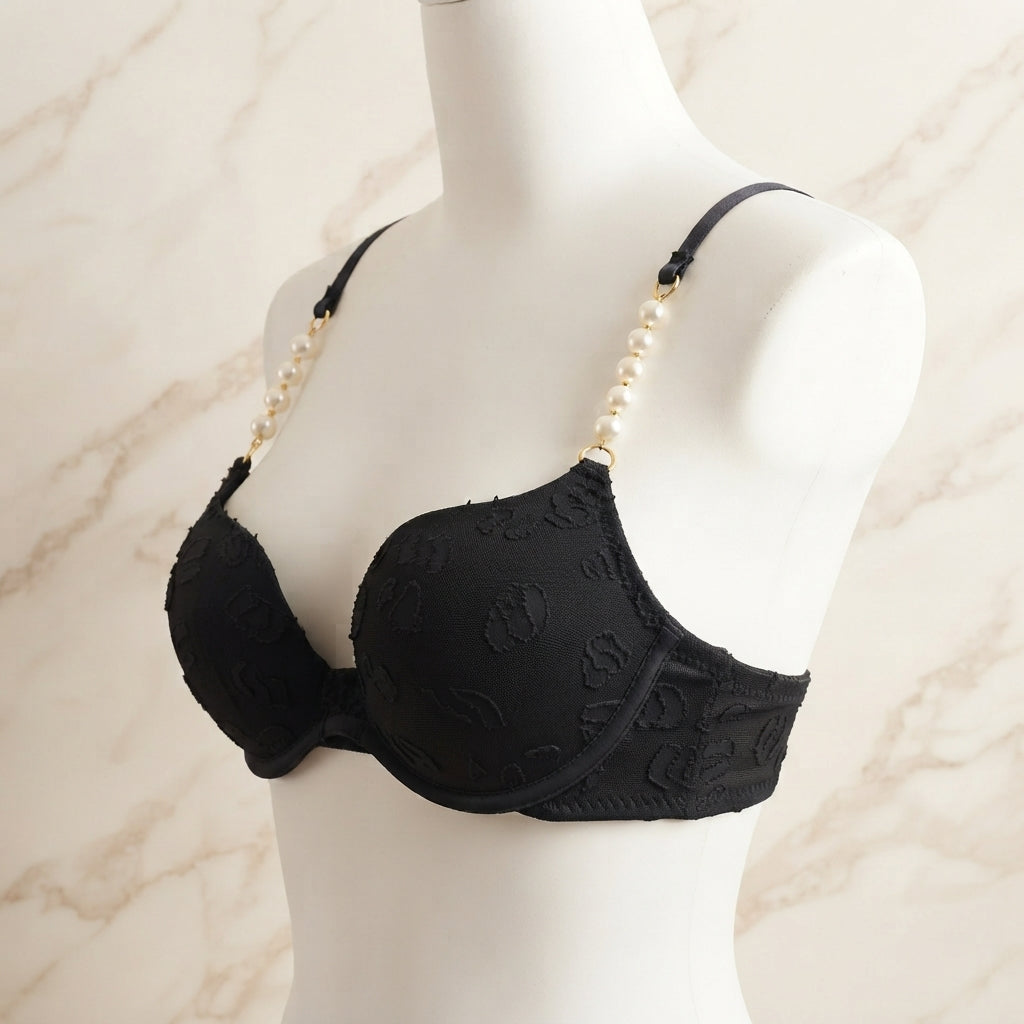 Luxury Pearl-Strap Lace Padded Bra Black -9091