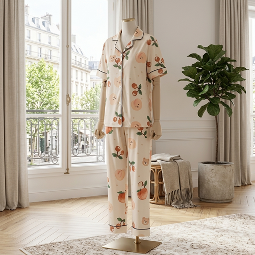 (Playful & Cute): Sweet Dreams Peach & Cherry Pattern Pajama Set