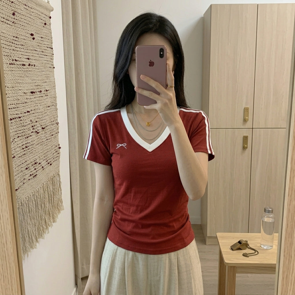 Women’s V-Neck Padded Ribbed Top T-shirt -Bow 5219