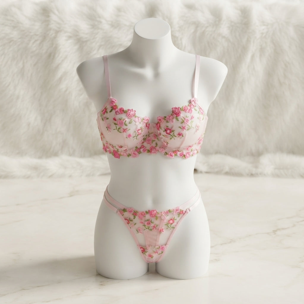 Non-Padded Floral Wired Bra & Panty Set – Blossom Charm Pink Embroidered Sheer Lingerie 9987