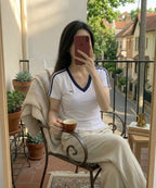 Women’s V-Neck Padded Ribbed Top T-shirt -Bow 5219