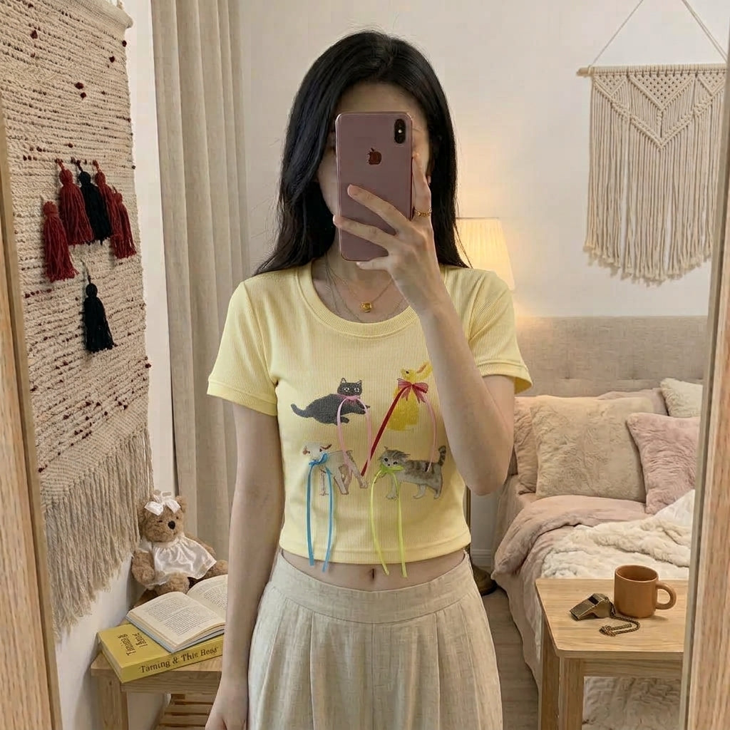 Women’s Cute Cat & Bird Graphic Short-Sleeve T-Shirt 5029