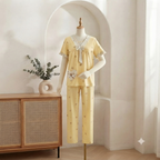 Women's Round Neck Short Sleeve Ruffle Trim Solid Color Nightwear Pajamas - Soft & Comfortable