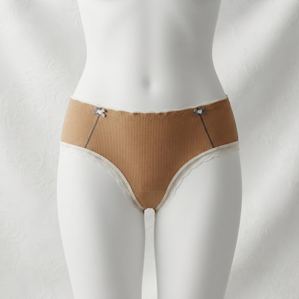 Women's Ribbed Cotton Briefs with Lace Trim & Bow Accents -6126