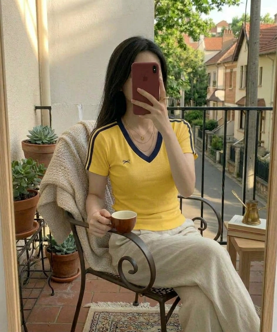 Women’s V-Neck Padded Ribbed Top T-shirt -Bow 5219