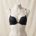 Luxury Pearl-Strap Lace Padded Bra Black -9091