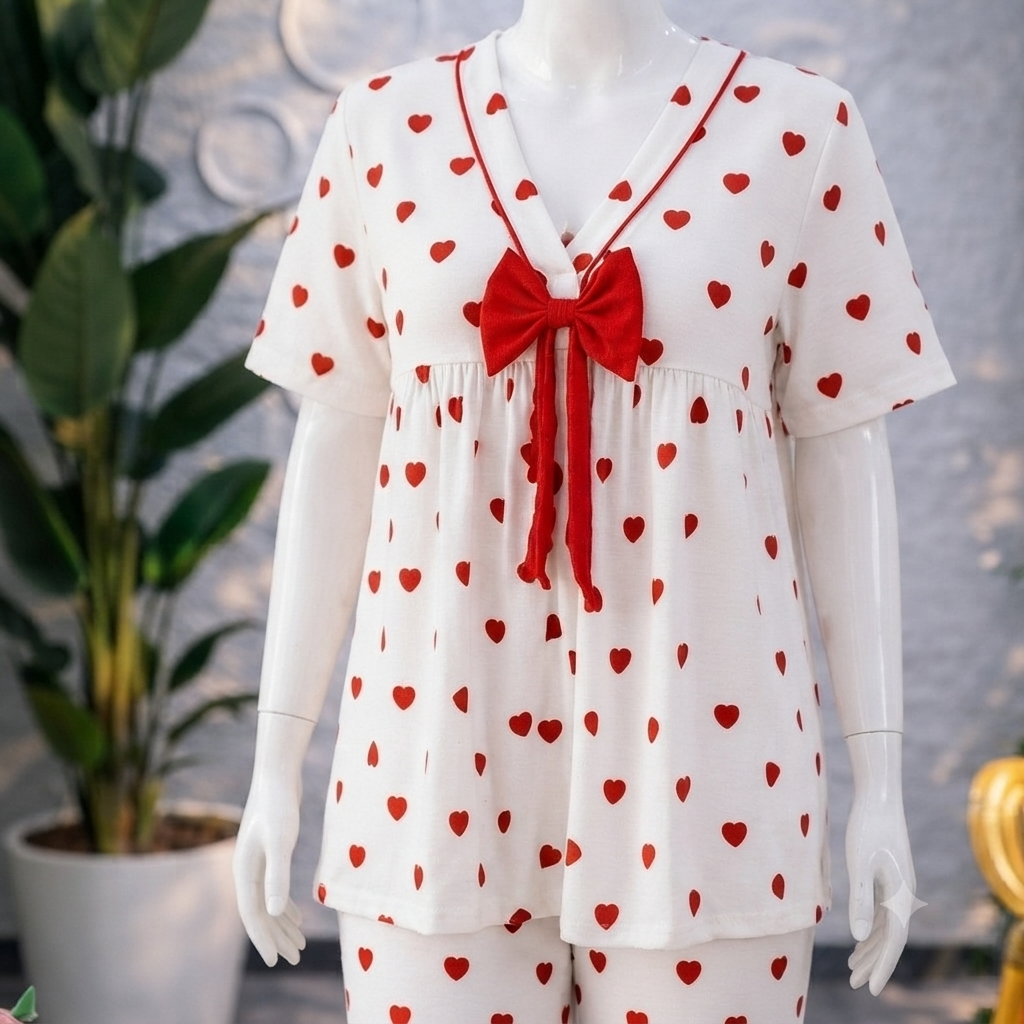 Shezaib Minimalist Heart Print Pajama Set - Soft White