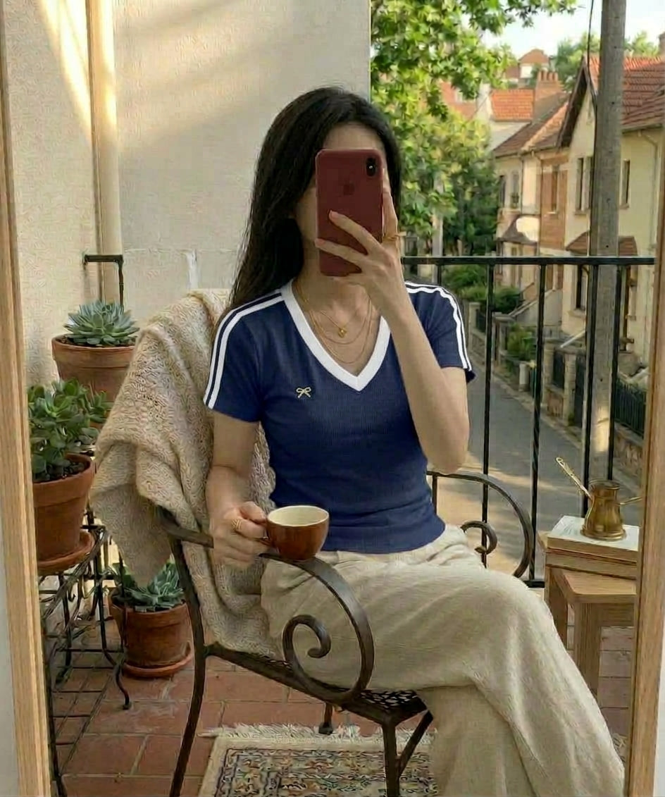 Women’s V-Neck Padded Ribbed Top T-shirt -Bow 5219