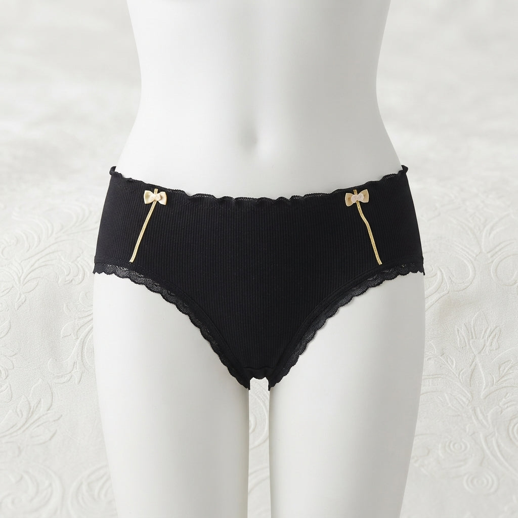 Women's Ribbed Cotton Briefs with Lace Trim & Bow Accents -6126