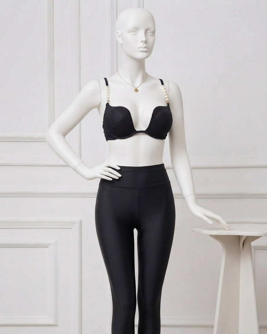 Luxury Pearl-Strap Lace Padded Bra Black -9091