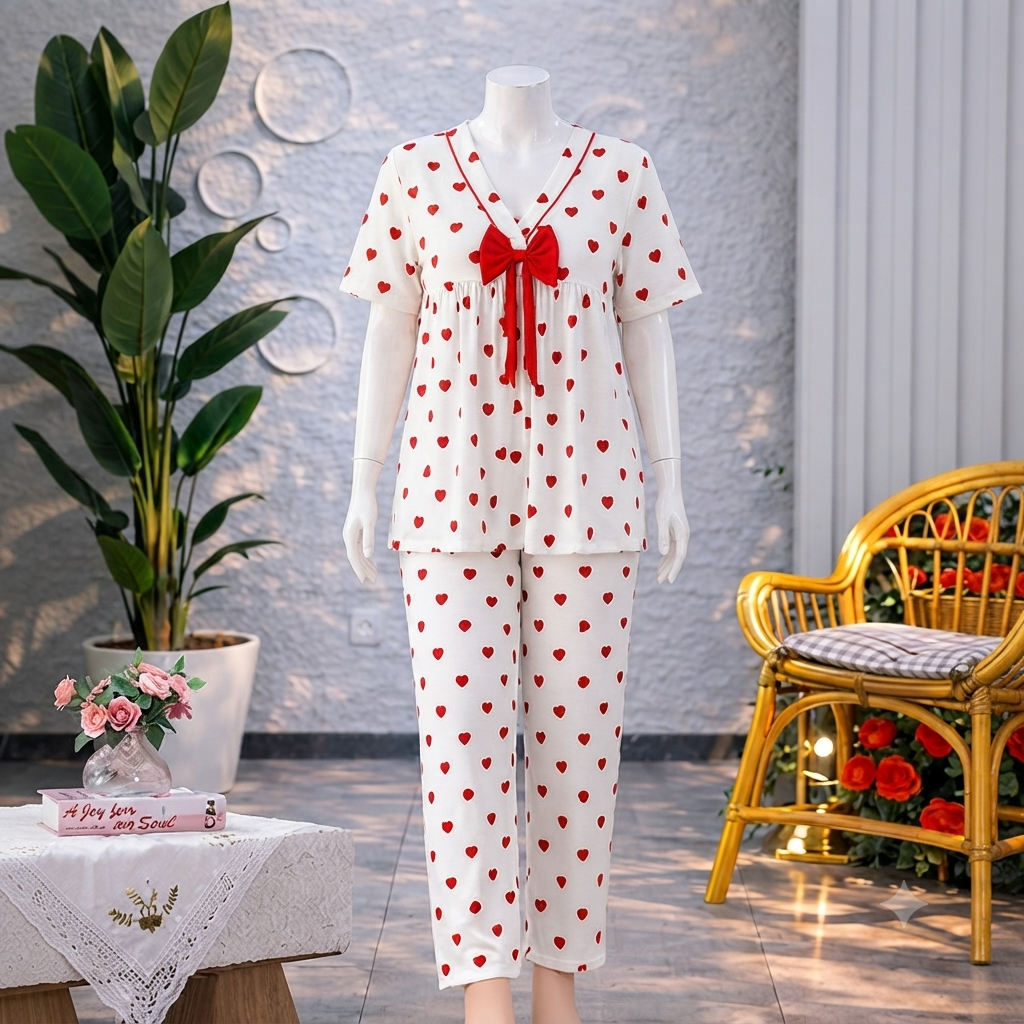 Shezaib Minimalist Heart Print Pajama Set - Soft White
