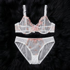 Elegant Non-Padded Floral Embroidered Mesh Bra & Panty Set -9980
