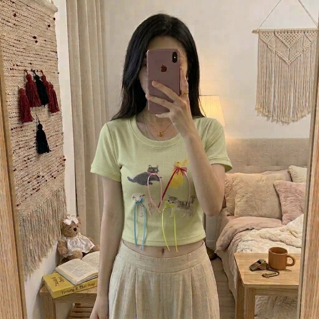 Women’s Cute Cat & Bird Graphic Short-Sleeve T-Shirt 5029