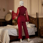 Luxury Milky-Silk  Lounge Set – V-Neck Wrap Top with Heart Mesh Sleeves & Ruffle Cuffs -912