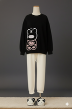 Shezaib 2-Piece Cozy Bear Lounge Set – Black Knitted Sweater & White Fleece Trouser 8751