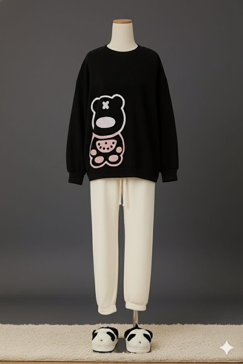 Shezaib 2-Piece Cozy Bear Lounge Set – Black Knitted Sweater & White Fleece Trouser 8751