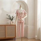 Women's Round Neck Short Sleeve Ruffle Trim Solid Color Nightwear Pajamas - Soft & Comfortable