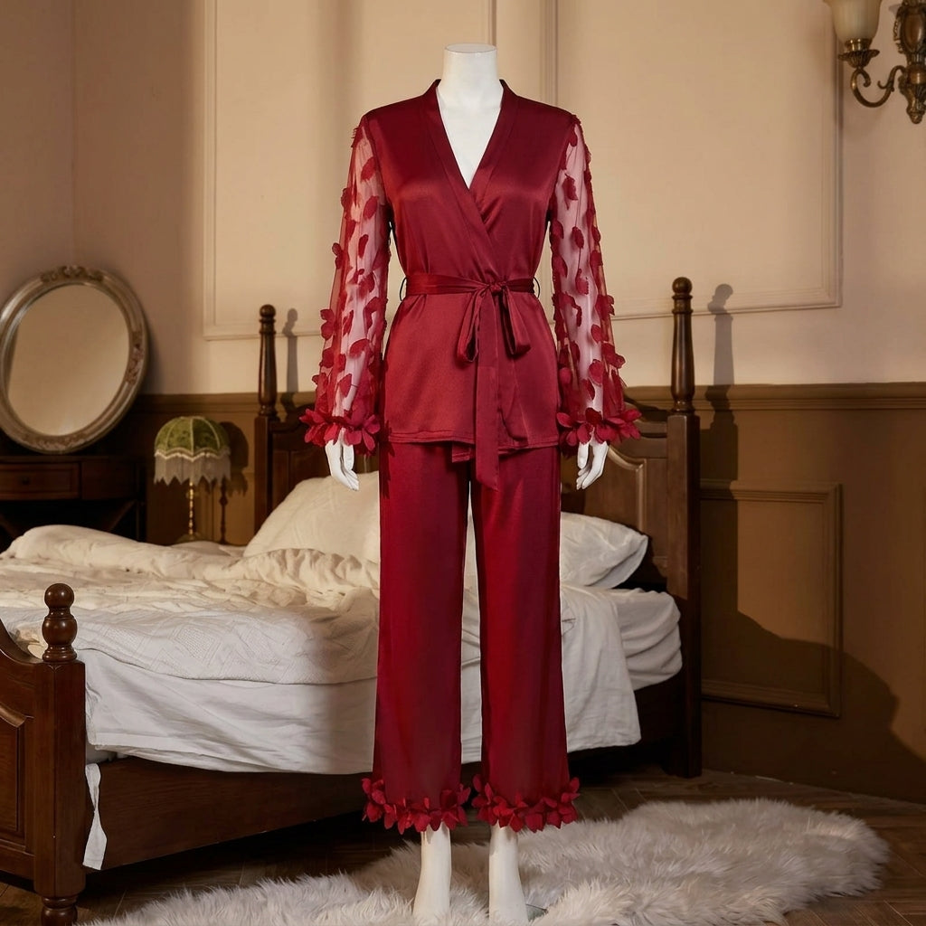 Luxury Milky-Silk  Lounge Set – V-Neck Wrap Top with Heart Mesh Sleeves & Ruffle Cuffs -912