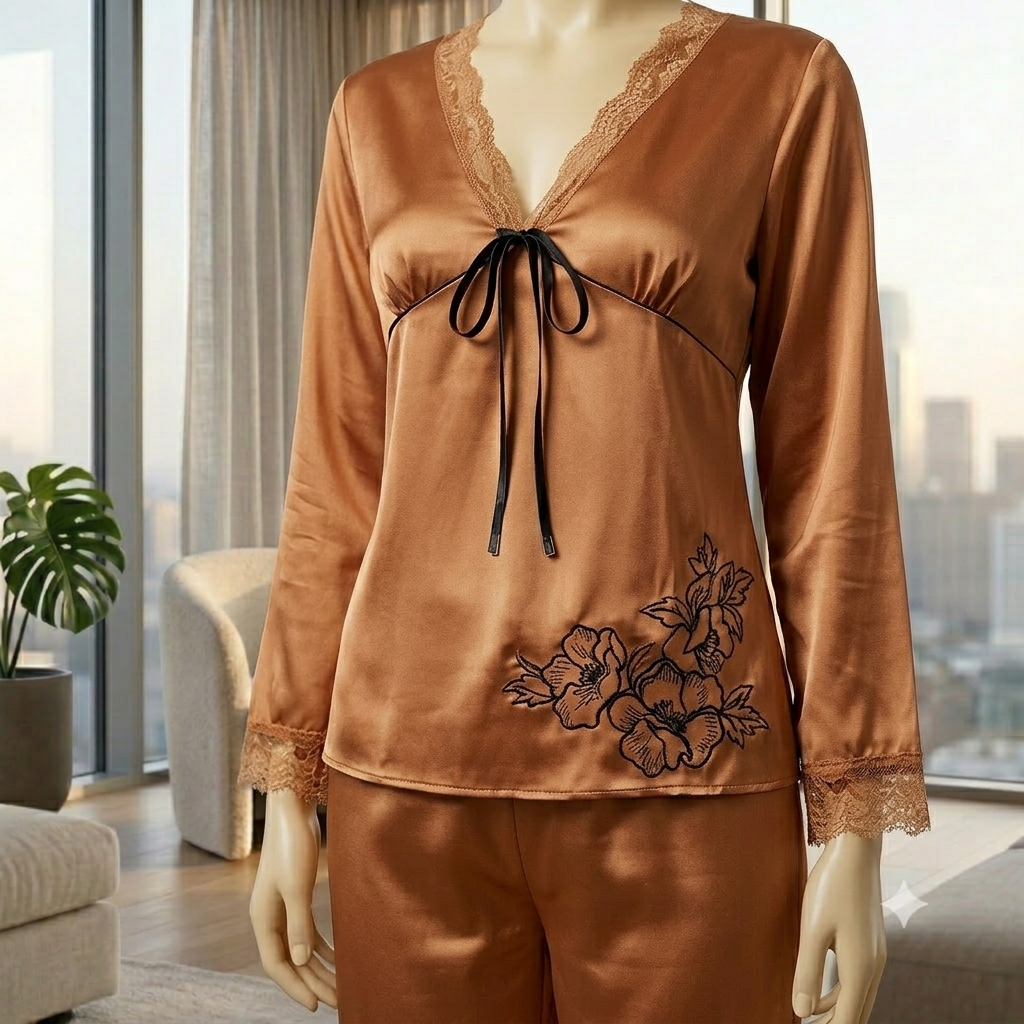 Elegant V-Neck Satin Loungewear Set – Premium Silk-Feel Night Suit for Women