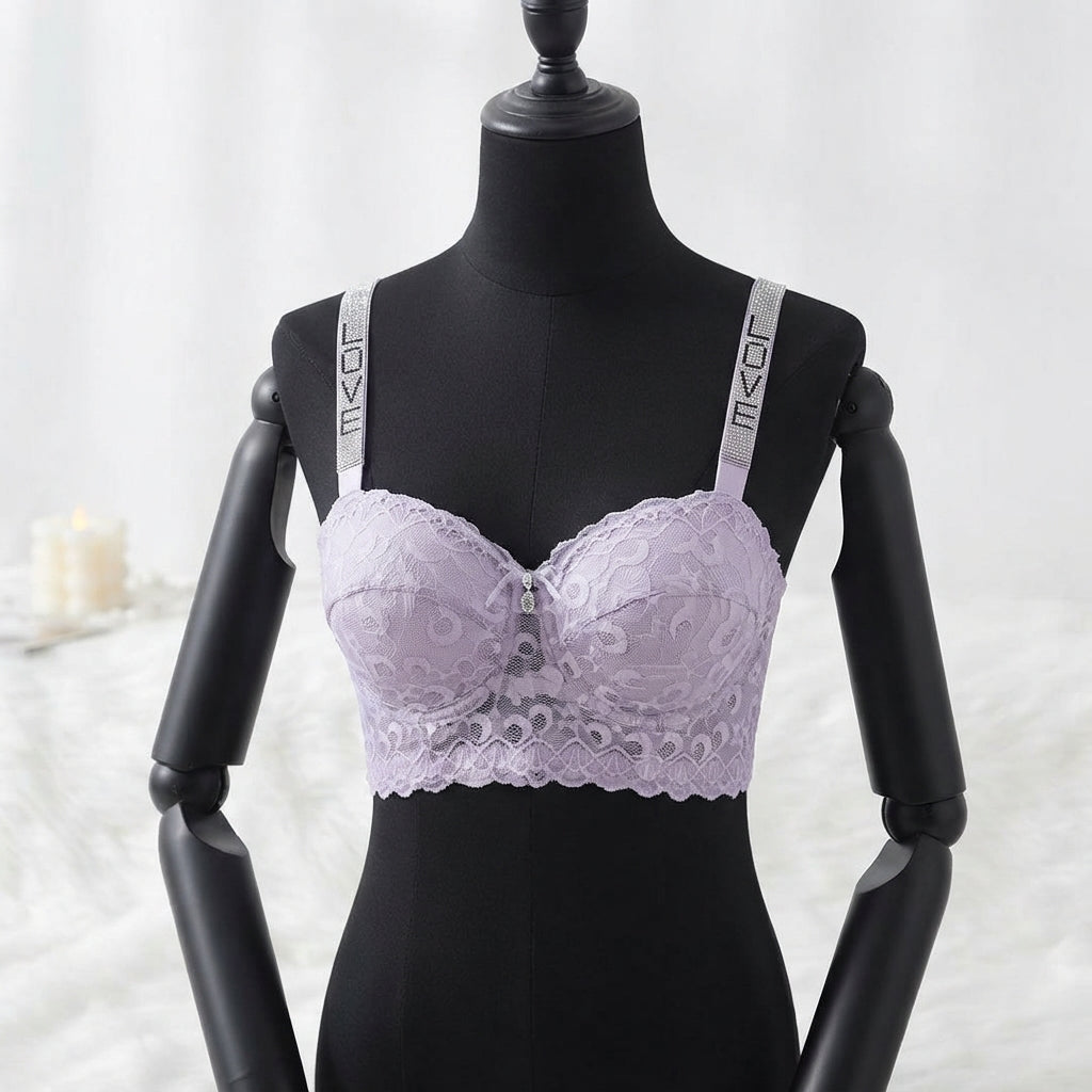 Premium Floral Lace Non-Padded Bralette with Rhinestone LOVE Straps -1014