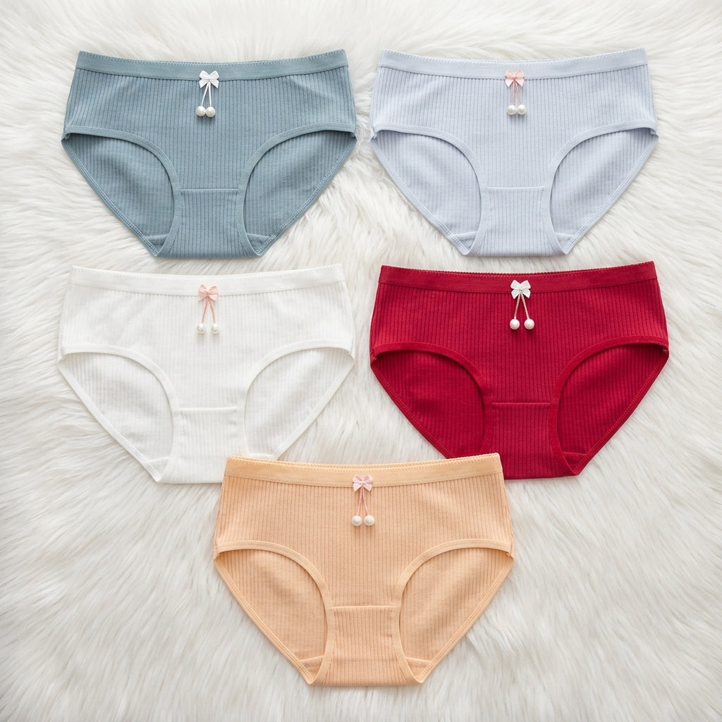 Pack of 3 Women's Ribbed Cotton Panties with Pearl Charm -8862
