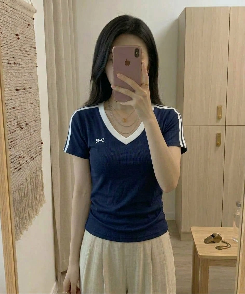 Women’s V-Neck Padded Ribbed Top T-shirt -Bow 5219