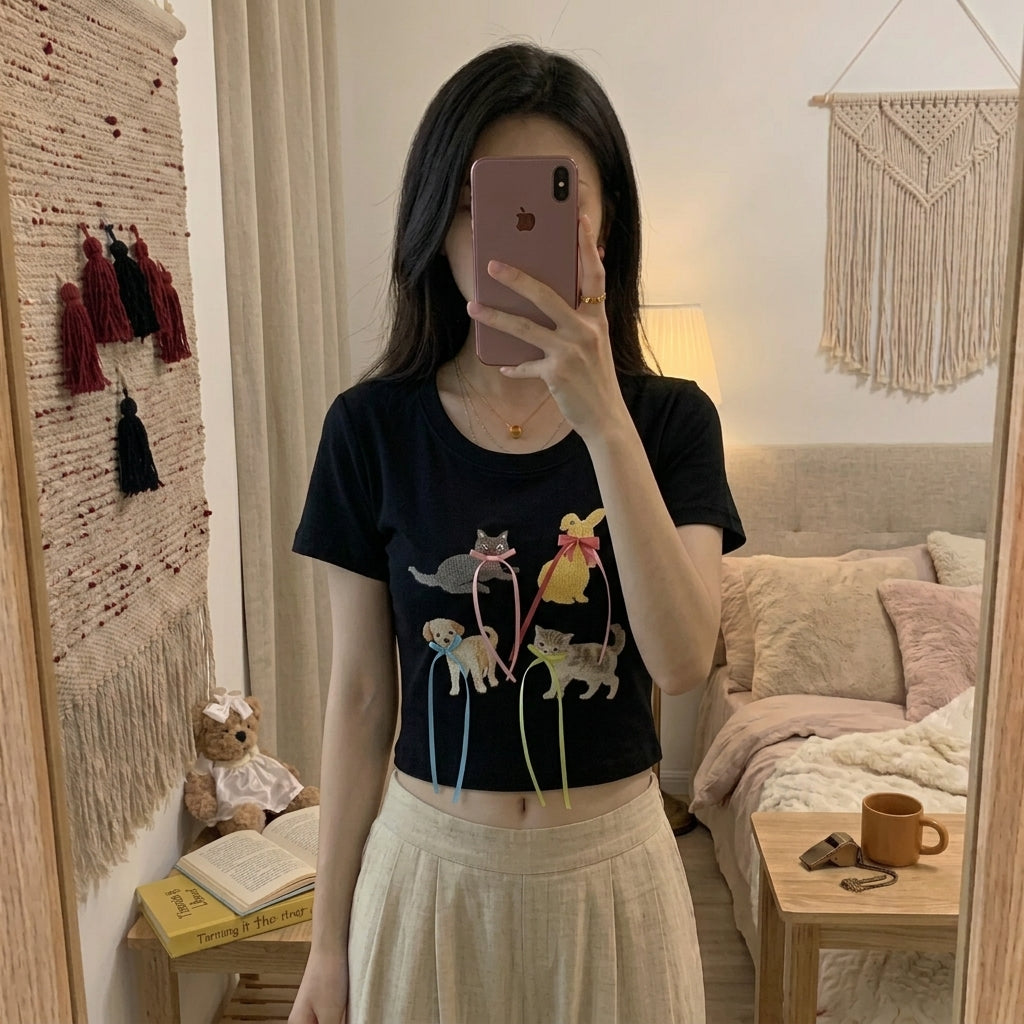 Women’s Cute Cat & Bird Graphic Short-Sleeve T-Shirt 5029
