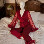 Luxury Milky-Silk  Lounge Set – V-Neck Wrap Top with Heart Mesh Sleeves & Ruffle Cuffs -912