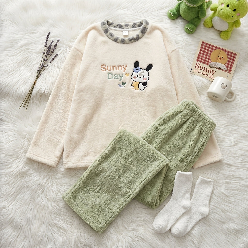 Cute "Carrot" Puppy Embroidered Sherpa Fleece Pajama Set – Soft Plush Winter Sleepwear