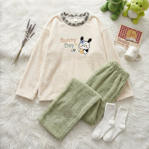 Cute "Carrot" Puppy Embroidered Sherpa Fleece Pajama Set – Soft Plush Winter Sleepwear