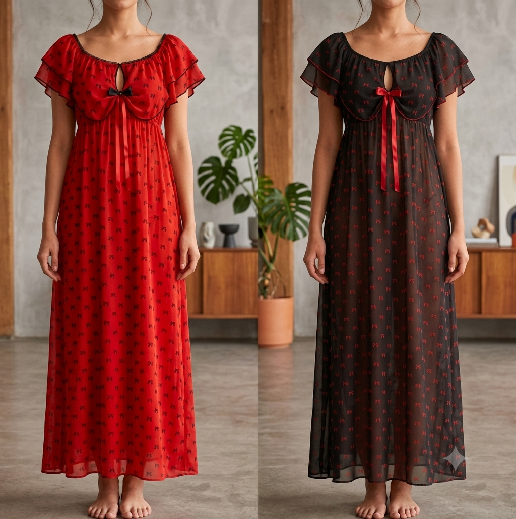 Midnight & Crimson Bow-Detail Maxi Nightgown