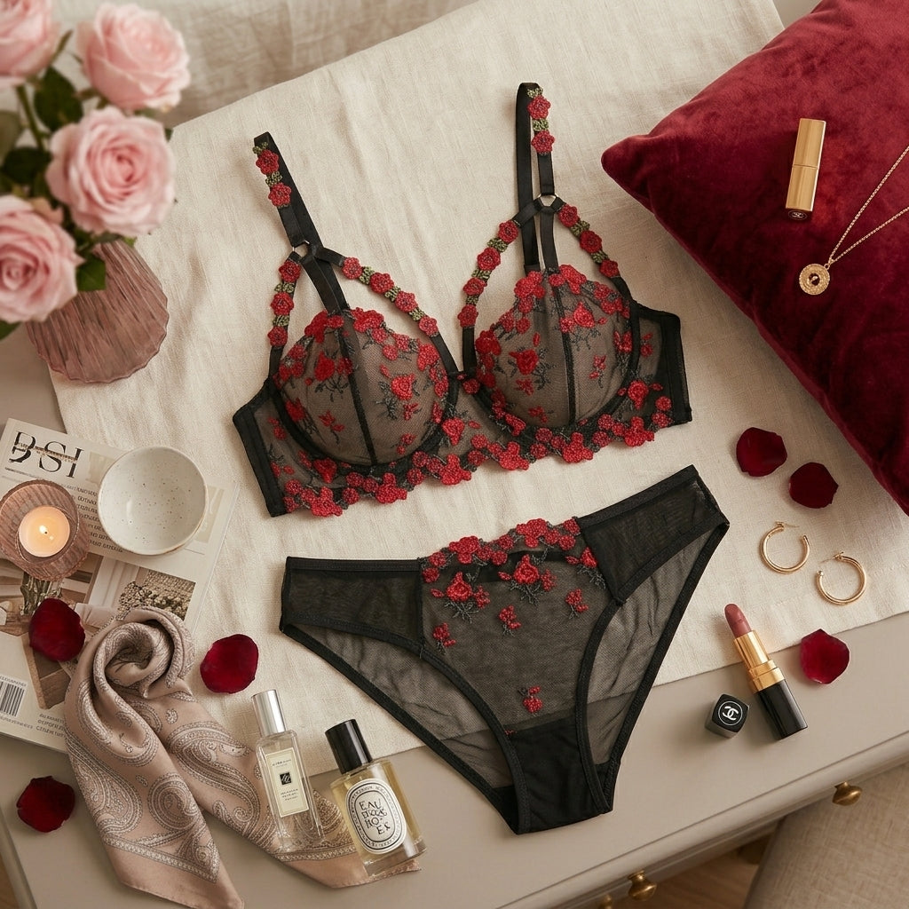 Floral Embroidered Sheer Lingerie Set -118