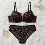 Romantic Lip Print Mesh Lingerie Set – Push-Up Bra & Strappy Panty -2090 Kiss print