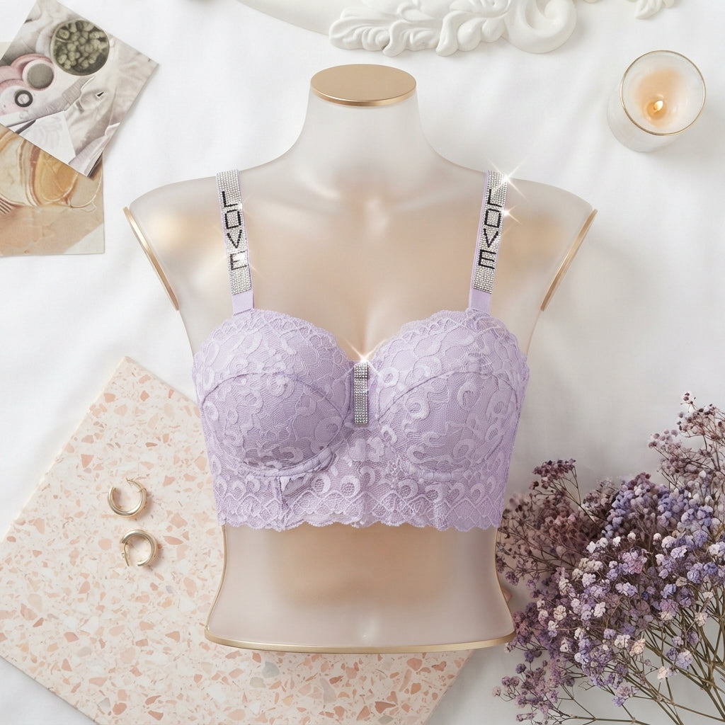 Premium Floral Lace Non-Padded Bralette with Rhinestone LOVE Straps -1014