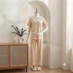 Women's Round Neck Short Sleeve Ruffle Trim Solid Color Nightwear Pajamas - Soft & Comfortable