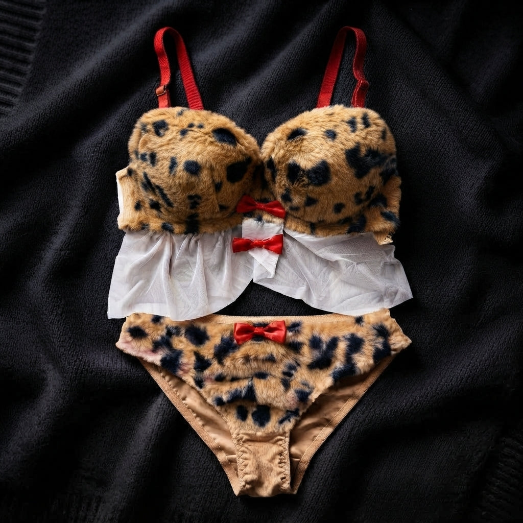 Wild Safari Leopard Plush Lingerie Set – Faux Fur & Mesh Babydoll-2305 Furr