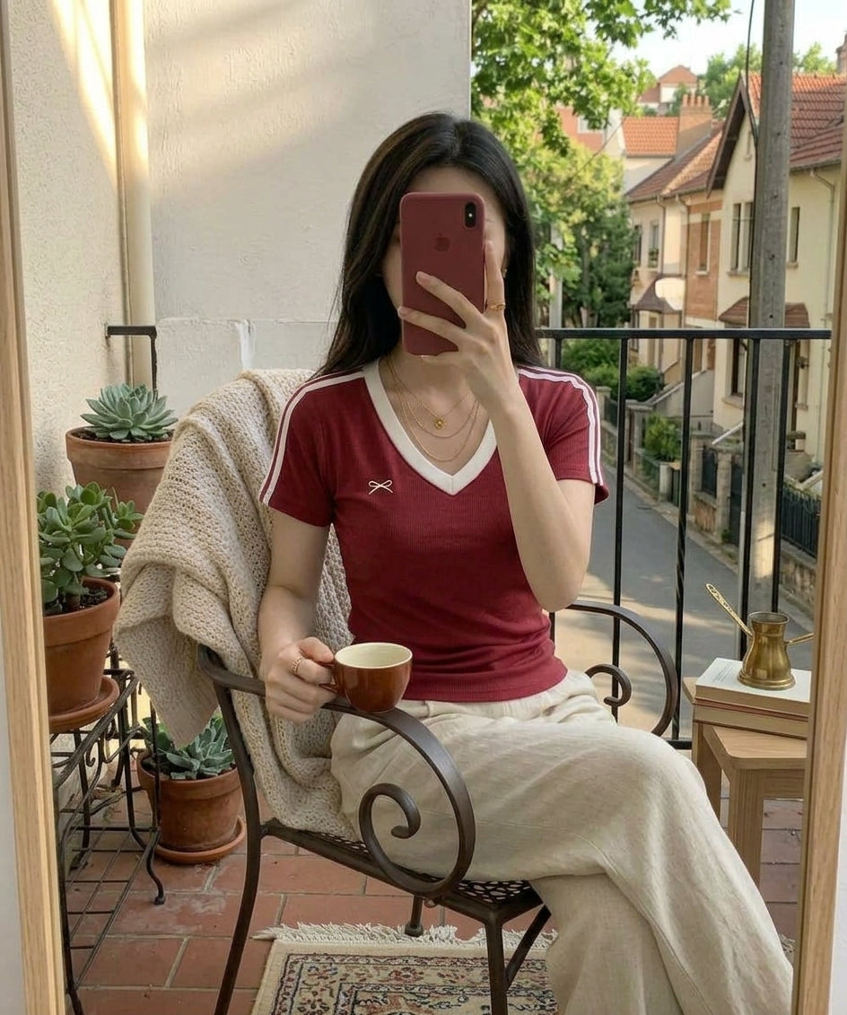 Women’s V-Neck Padded Ribbed Top T-shirt -Bow 5219