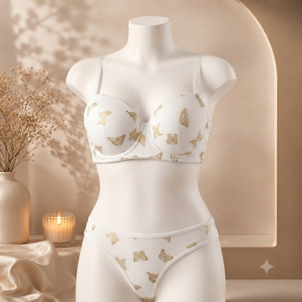 Shezaib Velvet Butterfly Print Bra & Panty Set – Soft Padded, Wired, Premium Lingerie for Girls & Women 8092