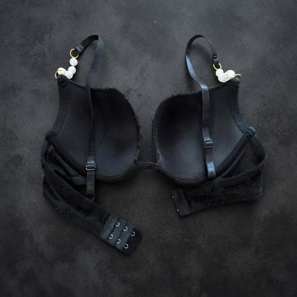 Luxury Pearl-Strap Lace Padded Bra Black -9091