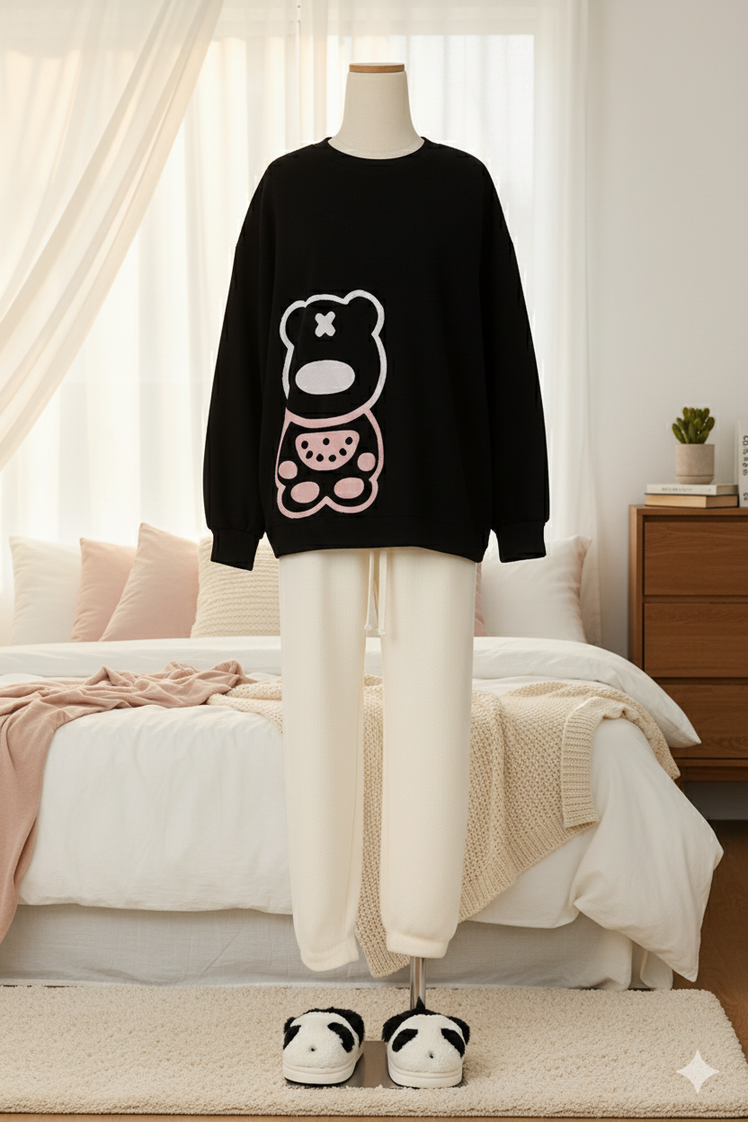 Shezaib 2-Piece Cozy Bear Lounge Set – Black Knitted Sweater & White Fleece Trouser 8751