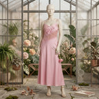 Blush Pink Satin Long Nightdress with Asymmetrical Lace