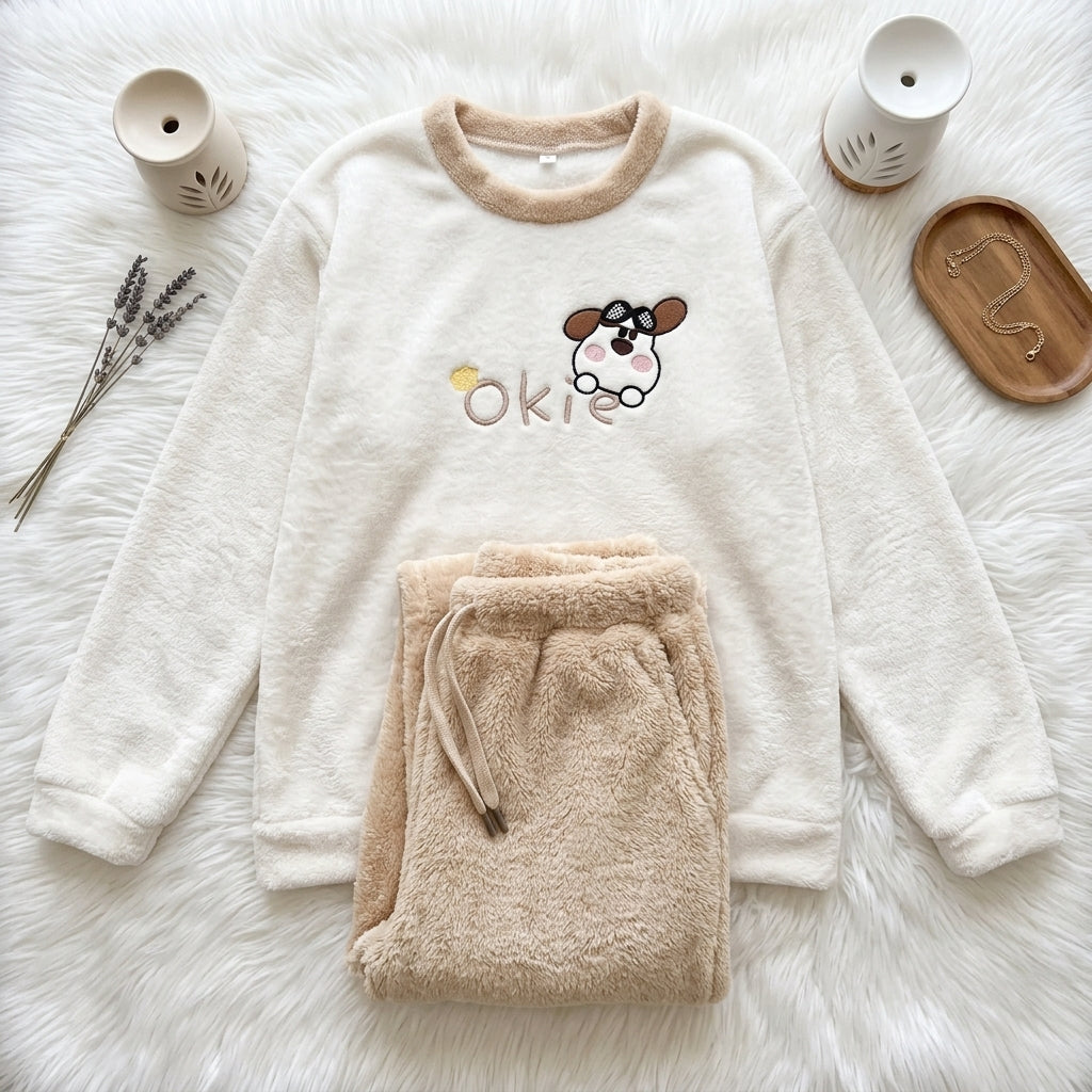 Cute Puppy Patchwork Sherpa Fleece Pajama Set – Soft Plush Winter Sleepwear