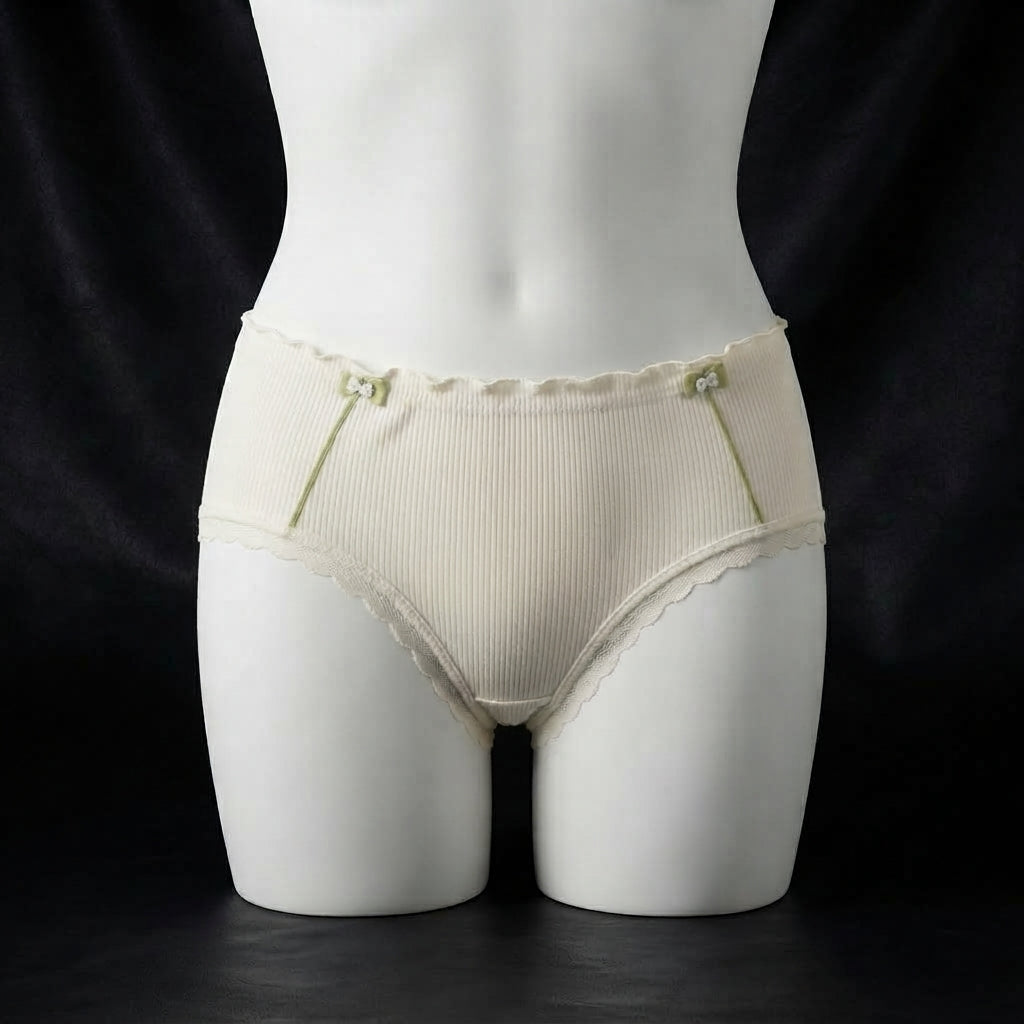 Women's Ribbed Cotton Briefs with Lace Trim & Bow Accents -6126