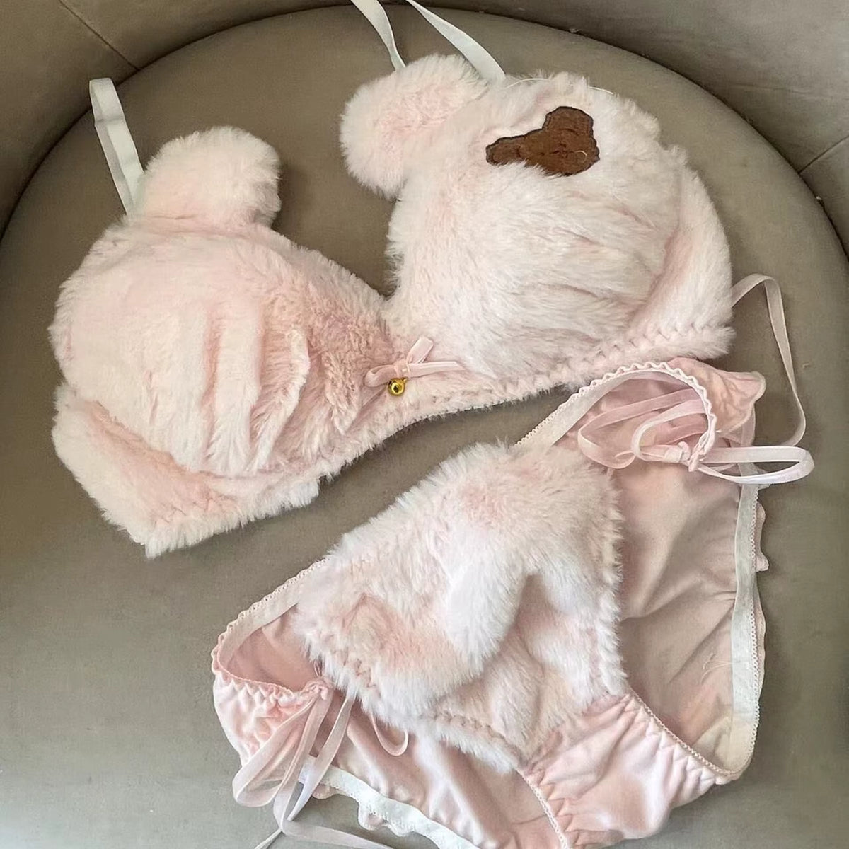 Fluffy Faux Fur Padded Bra Panty Set – Cute Bear Embroidery Japanese Style
